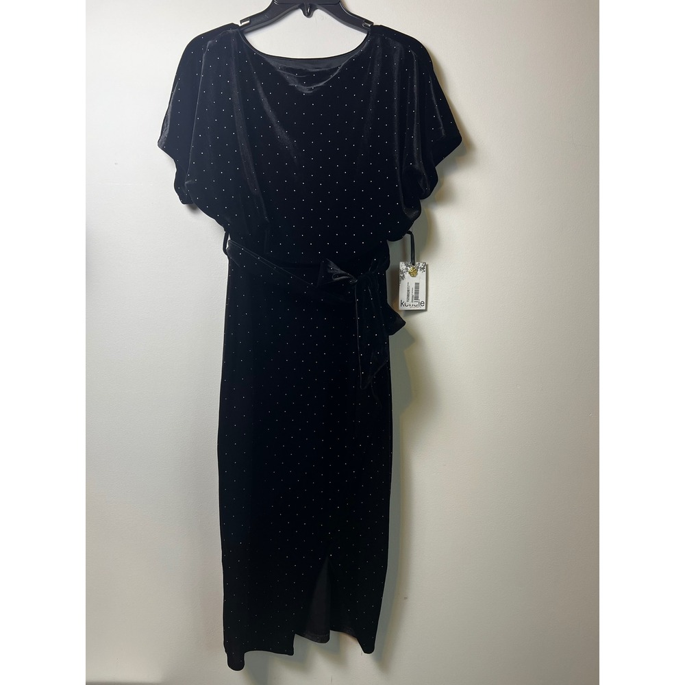 Kensie Black Studded-Velvet Boat-Neck Midi Dress Women XS Formal Sleeve NWT